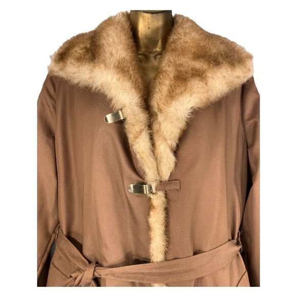 Vintage Overcoat XL Faux Fur Lined Belted Rain Coat Mob Wife Penny Lane - Picture 3 of 12
